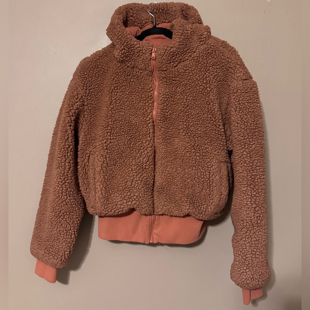 Fabletics Summit Teddy Sherpa Hooded Jacket Cropped Womens Relaxed Medium Rust